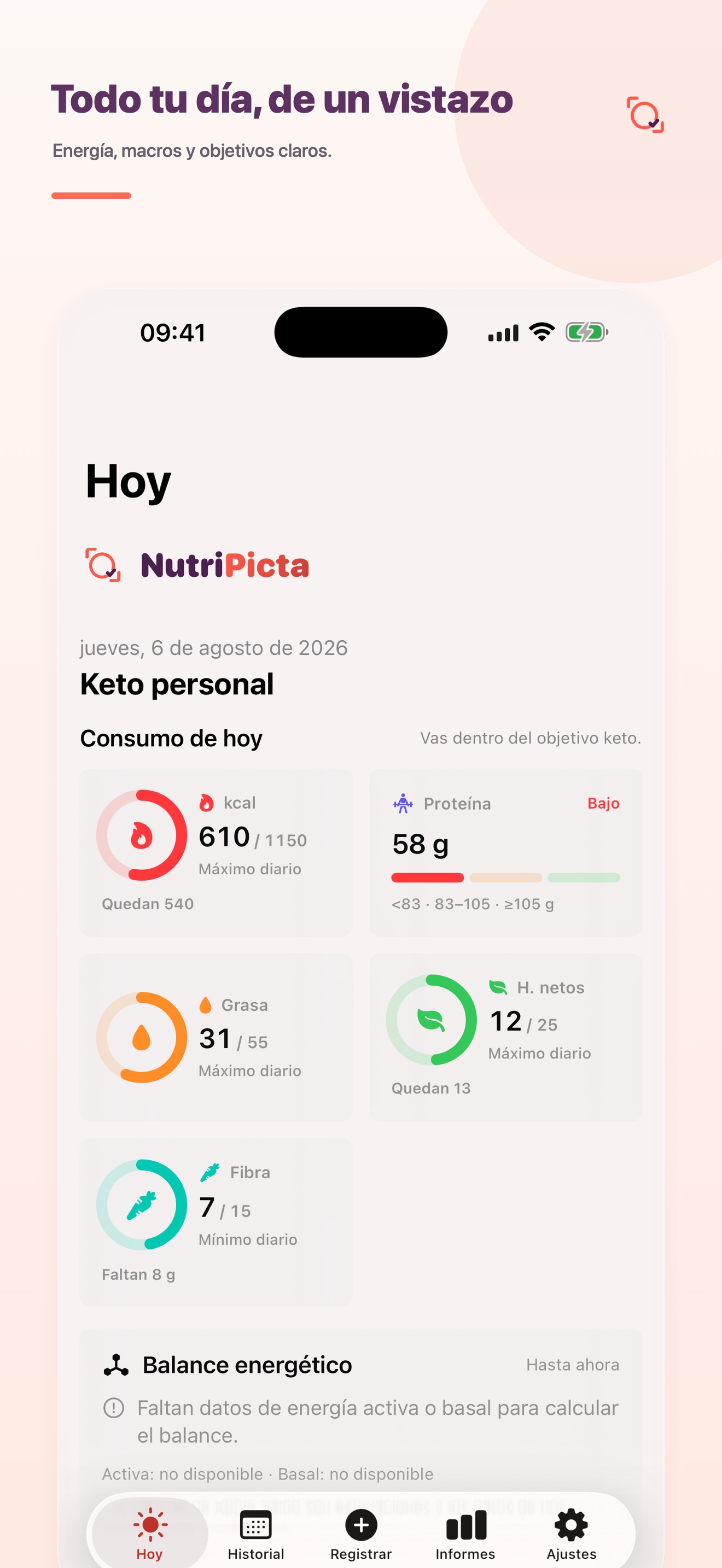 Pantalla Hoy de NutriPicta con energía, macros y objetivos diarios