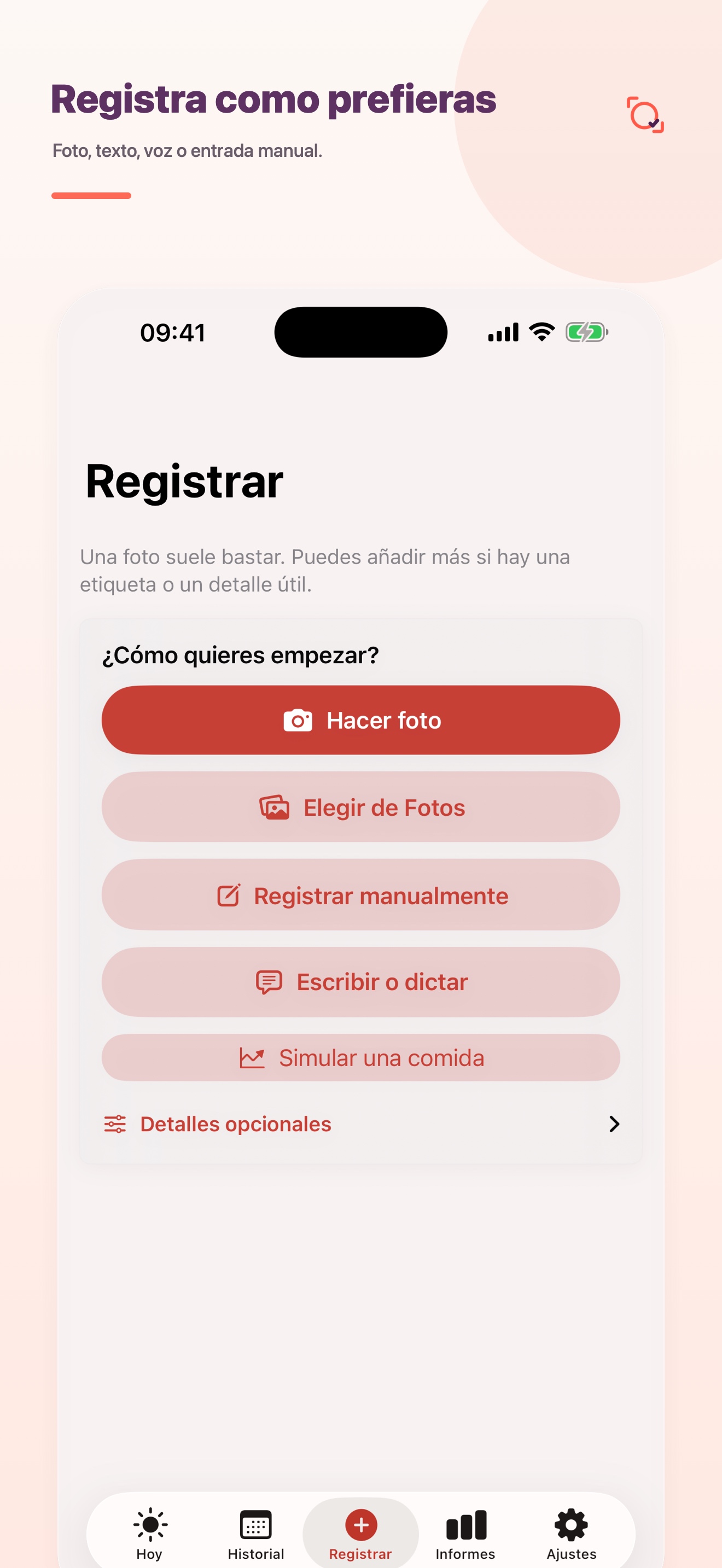 Pantalla Registrar de NutriPicta con opciones de foto, texto, voz y registro manual